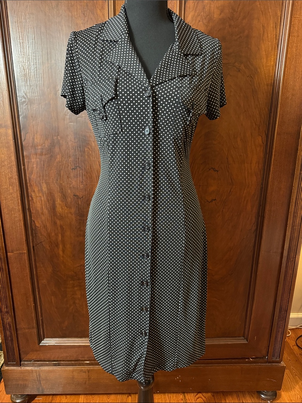 Polka Dot Button-Front Midi Dress in Black
